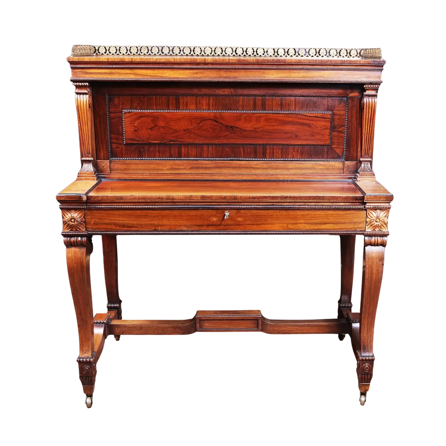 19th Century Rosewood Bureau Cabinet by Gillows with cabriole legs, brass castors, and satinwood pigeon holes circa 1850.