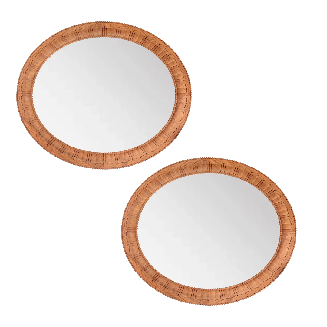 Pair of Carved Wooden Oval Mirrors with intricate carved wooden frames, designed by Andrew Allfree, modern vintage style.