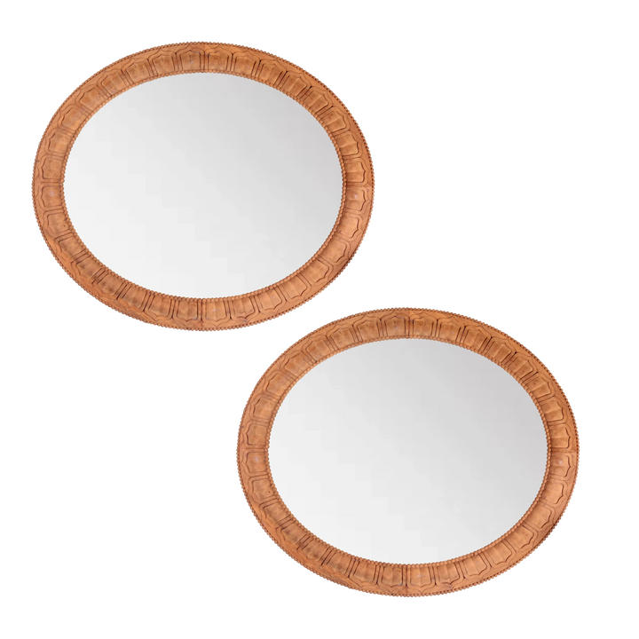 Pair of Carved Wooden Oval Mirrors with intricate carved wooden frames, designed by Andrew Allfree, modern vintage style.