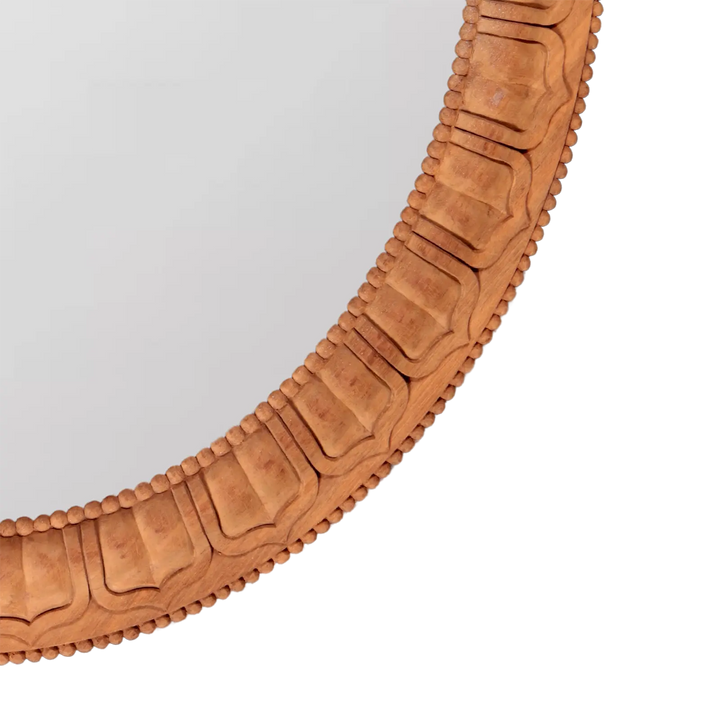 Pair of Carved Wooden Oval Mirrors featuring detailed handcrafted wooden frames by Andrew Allfree, height 99 cms, width 85 cms.
