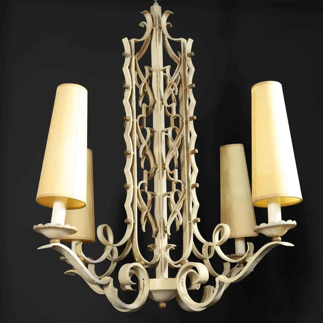 A French modernist white painted Iron chandelier