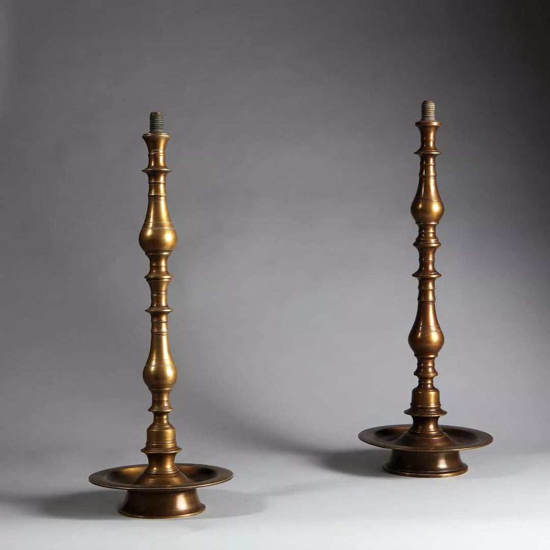 Matched Pair of Turned Brass Indian Table Lamps