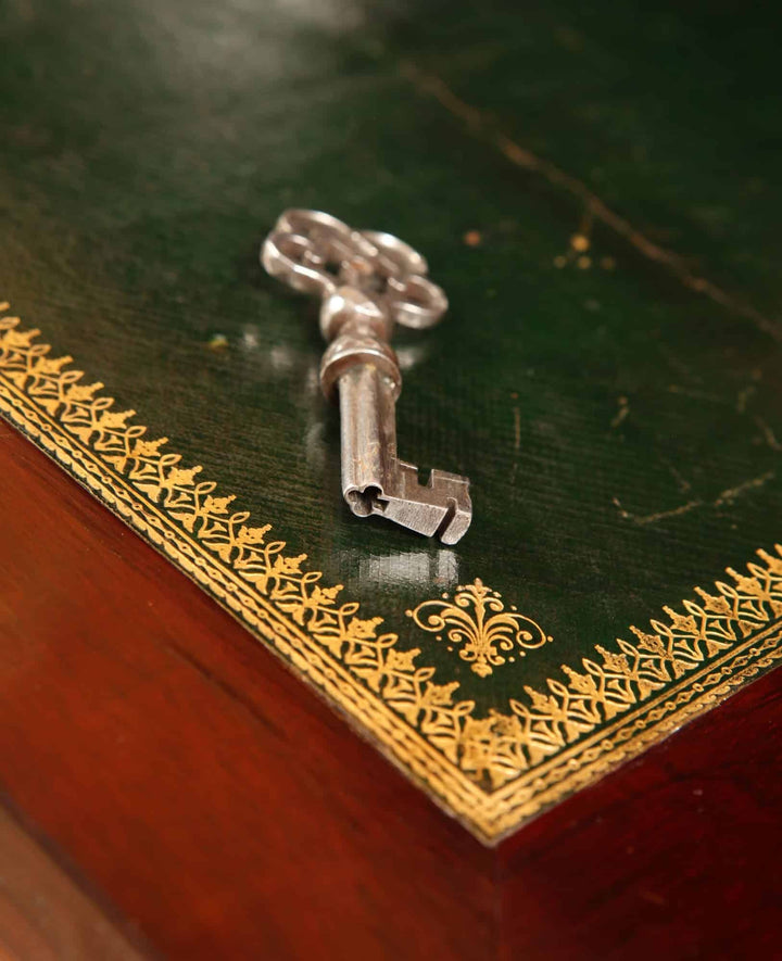 French Directoire Satinwood Secretaire Abattant close-up showing key on green leather top with gold detailing