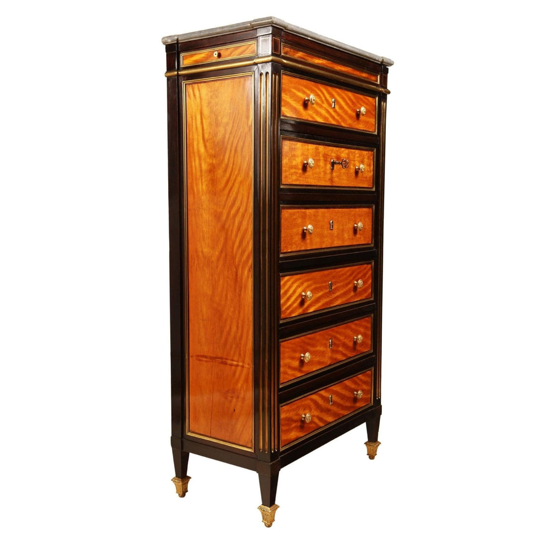 French Directoire Satinwood Secretaire Abattant with brass details and multiple drawers, early 19th century antique furniture piece.