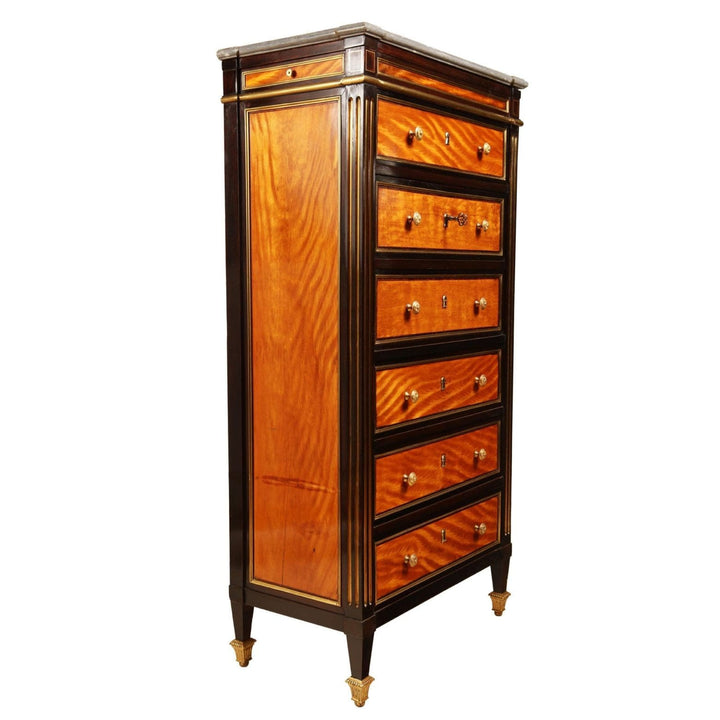 French Directoire Satinwood Secretaire Abattant with brass details and multiple drawers, early 19th century antique furniture piece.