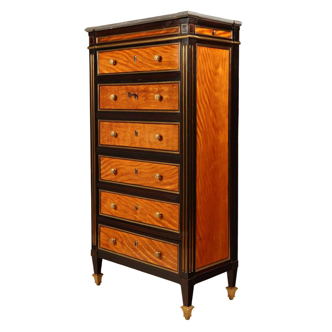 French Directoire Satinwood Secretaire Abattant, early 19th century, brass fluted details, rosewood accents, six drawers.