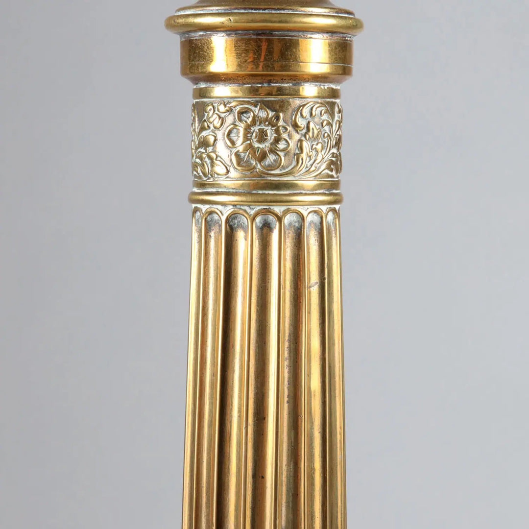 Fluted Brass Column Lamp with fluted column and foliate detail on stepped brass base circa 1900 France.