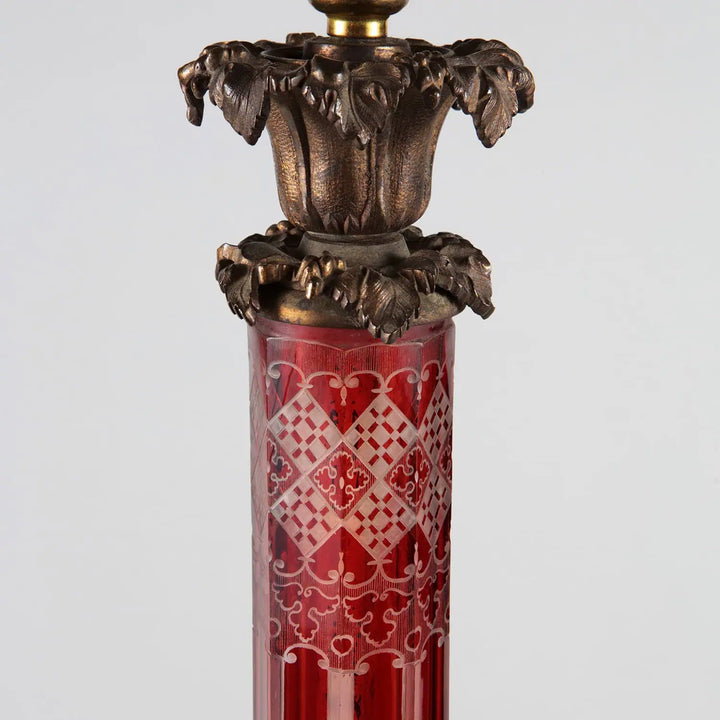 Large Bohemian Engraved Red Glass Table Lamp