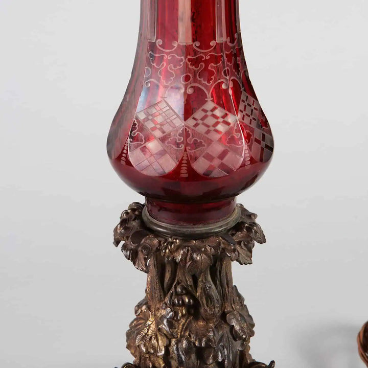 Large Bohemian Engraved Red Glass Table Lamp
