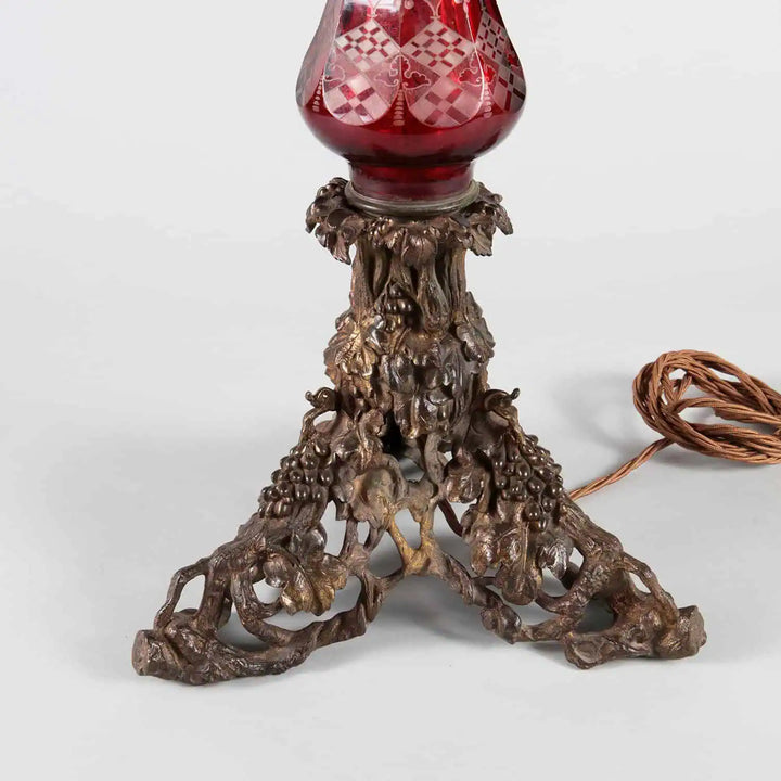 Large Bohemian Engraved Red Glass Table Lamp