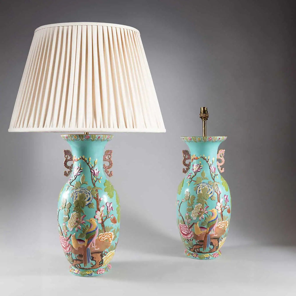 Pair of Staffordshire Vases Mounted as Table Lamps, turquoise porcelain with floral and bird motifs, circa 1950 England.