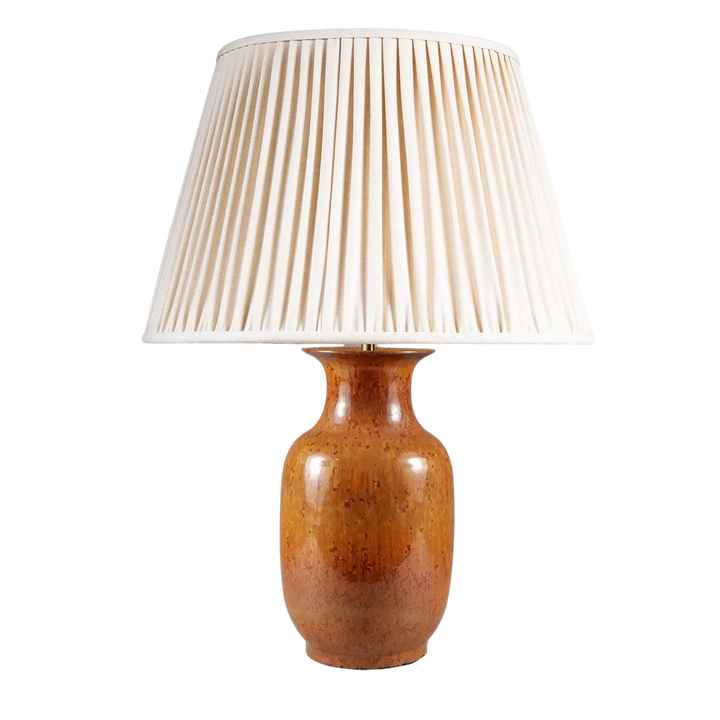 Monochrome Brown Glazed Lamp with a 33 cm height and 17 cm diameter, featuring a glossy brown ceramic base and pleated white shade.