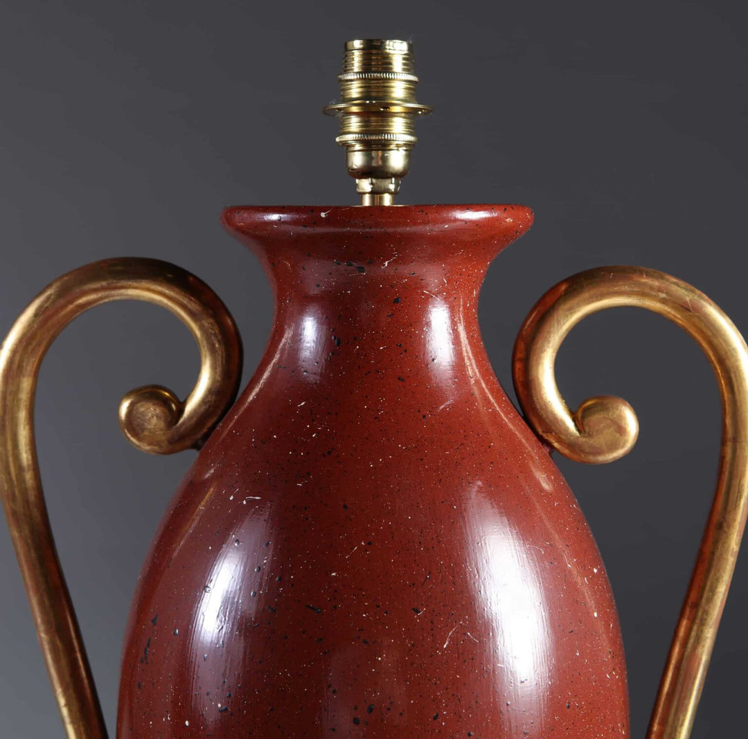 Faux Porphyry Baluster Lamps by Andrew Allfree featuring classical baluster shape with gold leaf scroll arms.