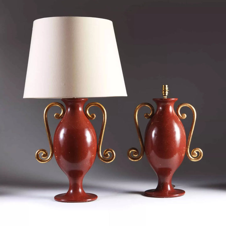 Faux Porphyry Baluster Lamps by Andrew Allfree, classical wooden vase shape with gold scroll arms and cream shade.