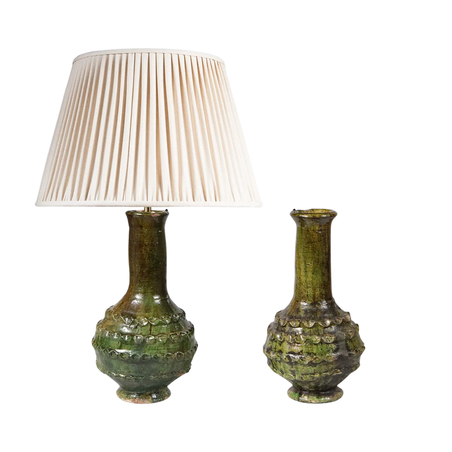 Pair of Green Glazed Bottle Vases as Table Lamps with incised patterns, one with a cream pleated lampshade.