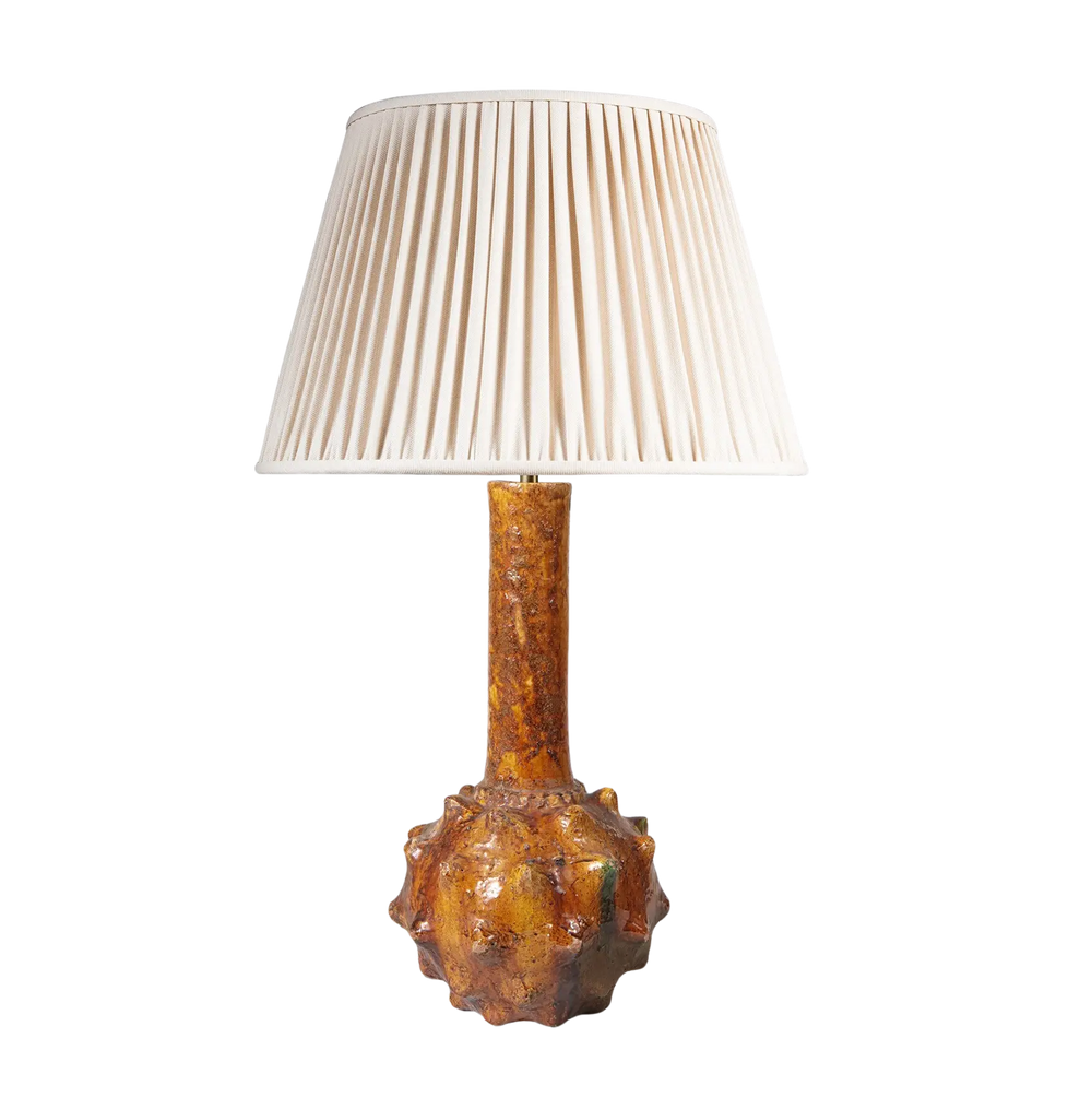 Spiked Green bottle Vase as a Table Lamp with textured spiked base and pleated white lampshade, elegant decorative lighting.