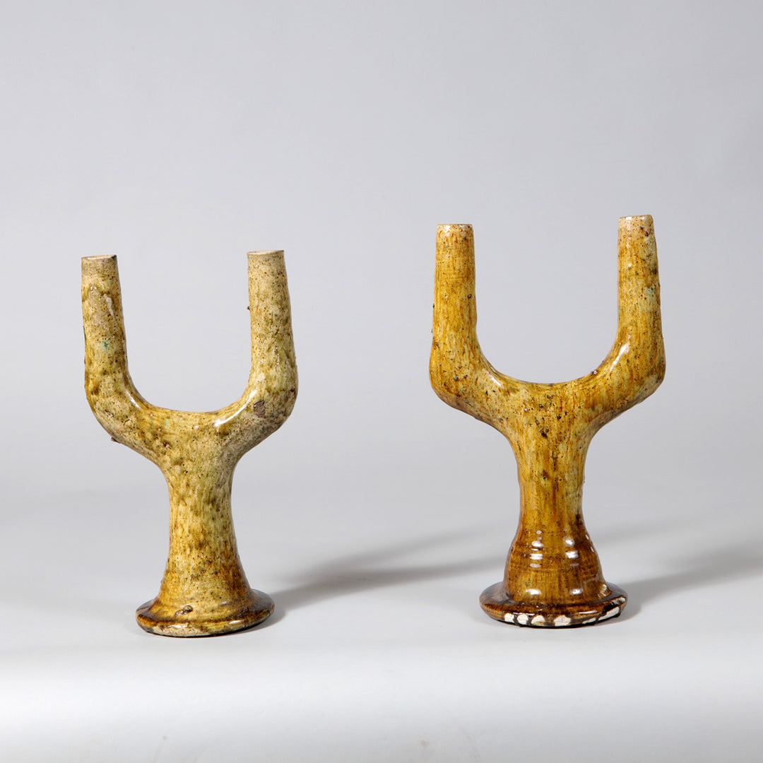 Pair of Pottery Ochre Glazed Candelabra