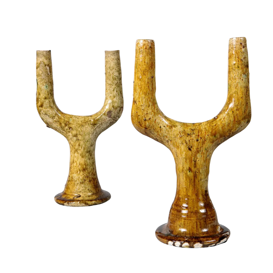Pair of Pottery Ochre Glazed Candelabra