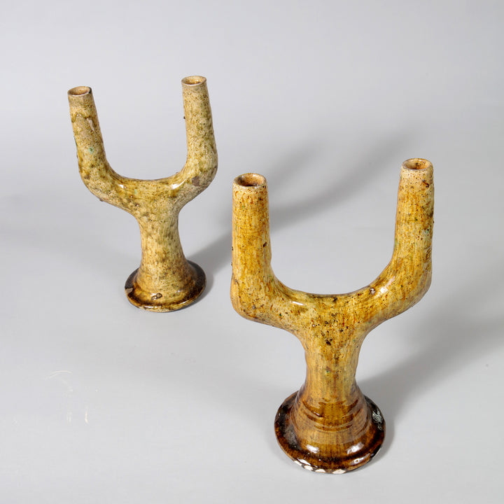 Pair of Pottery Ochre Glazed Candelabra