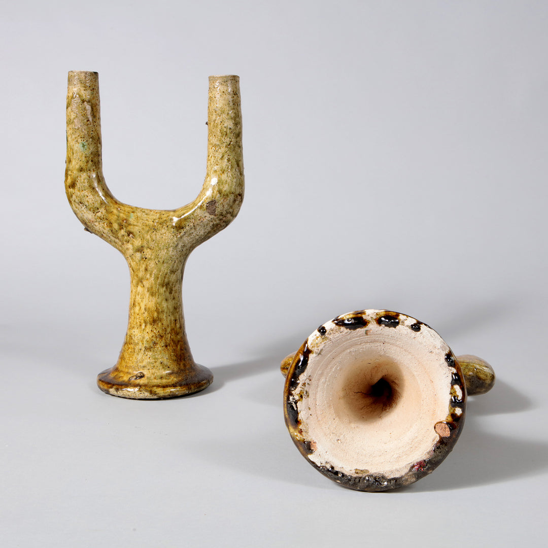 Pair of Pottery Ochre Glazed Candelabra