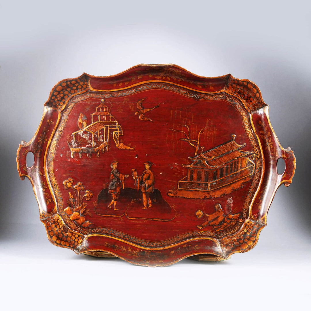 A Venetian Red Japanned Chinoiserie Tray