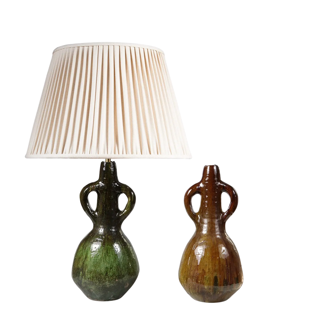 Two Rustic Vases Green and Ochre Glazed mounted as Table Lamps