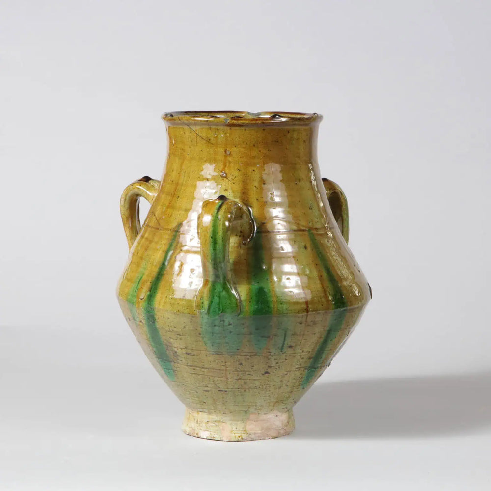 Green Glazed Yellow Green Ribbed Jar as a Table Lamp with 3 loop handles and inscribed banding, 19th century style.