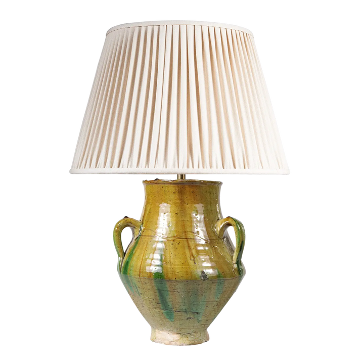 Green Glazed Yellow Green Ribbed Jar as a Table Lamp with 3 loop handles and pleated cream lampshade
