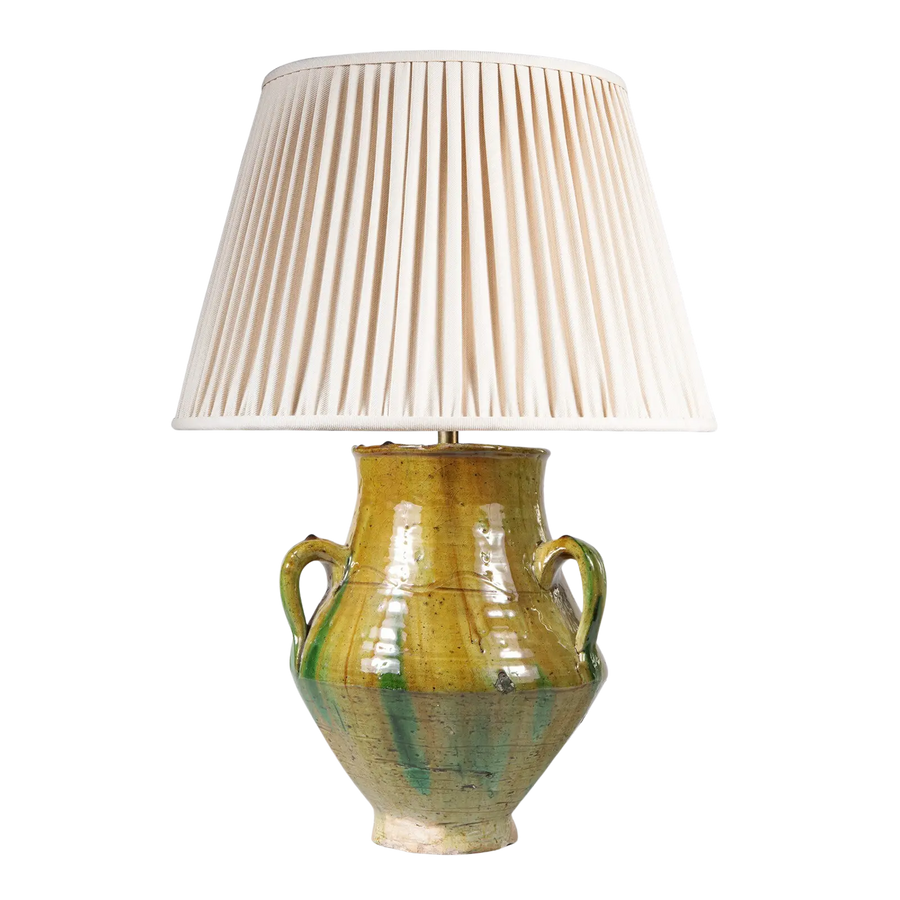 Green Glazed Yellow Green Ribbed Jar as a Table Lamp with 3 loop handles and pleated cream lampshade