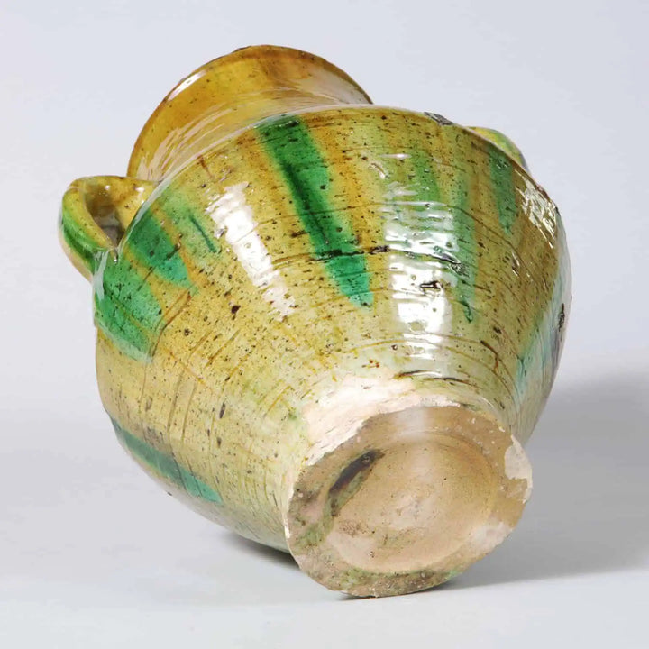 Green Glazed Yellow Green Ribbed Jar as a Table Lamp with 3 loop handles and inscribed banding, 19th century style.