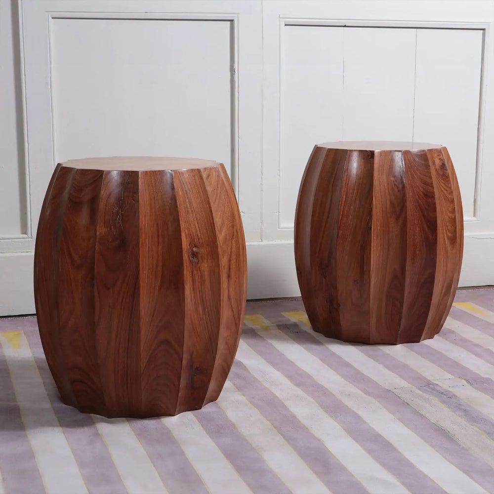 Pair of Fluted Wooden Barrel End Tables with 56 cm height and 38 cm top diameter, showcasing natural wood grain.