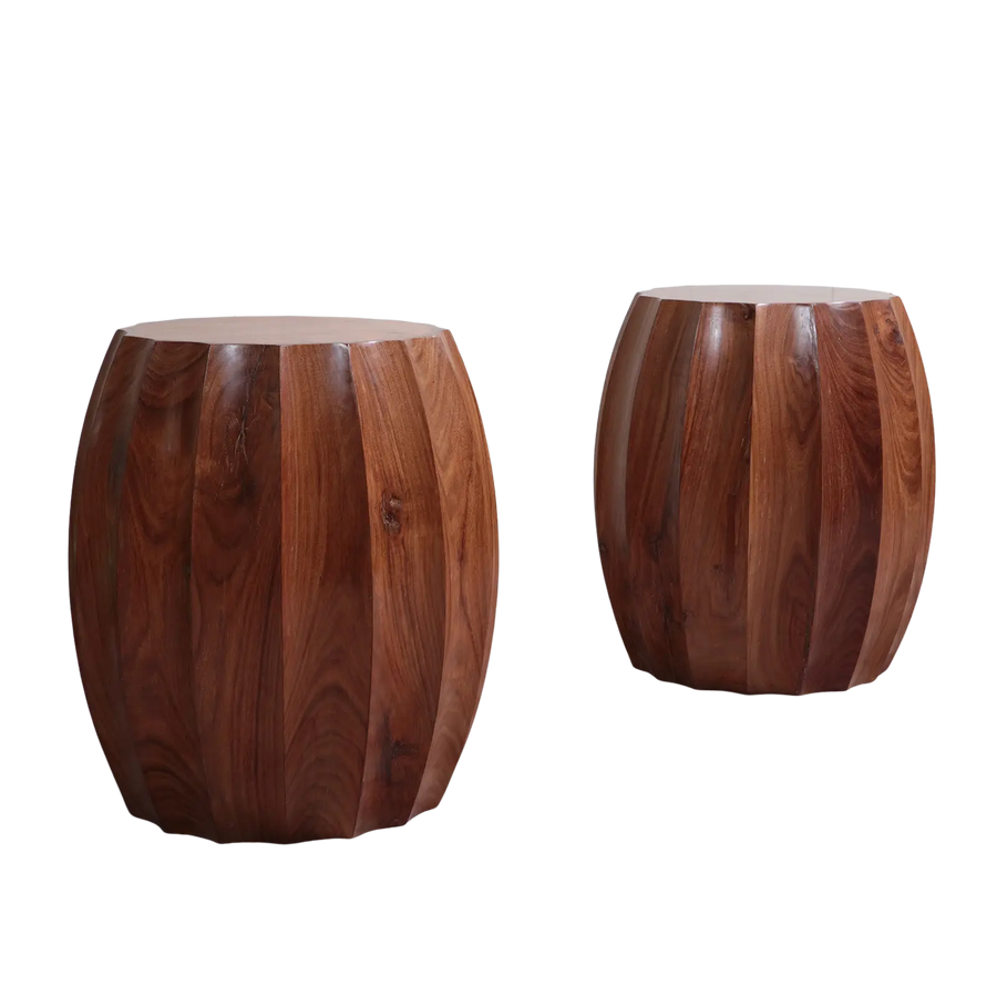 Pair of Fluted Wooden Barrel End Tables with 56 cm height and 38 cm top diameter in natural wood finish.