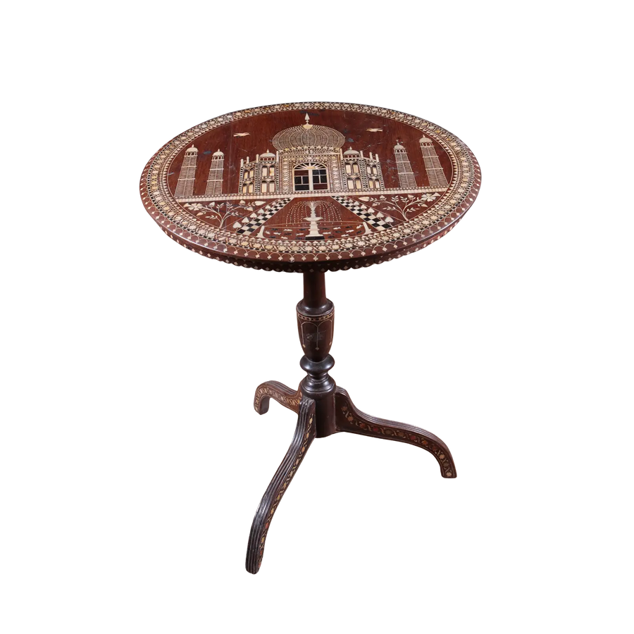 Taj Mahal Inlaid Tilt Top Table with intricate bone inlay design, vintage India circa 1950, round wooden pedestal table.