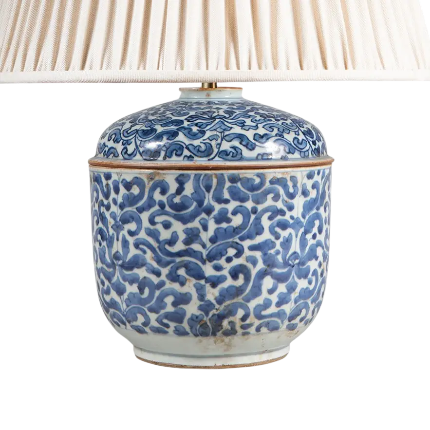 Kangxi Blue and White Porcelain Cachepot Table lamp with intricate cobalt blue floral patterns on aged porcelain base.