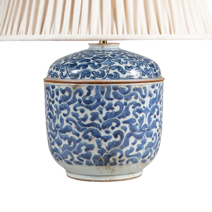 Kangxi Blue and White Porcelain Cachepot Table lamp with intricate cobalt blue floral patterns on aged porcelain base.