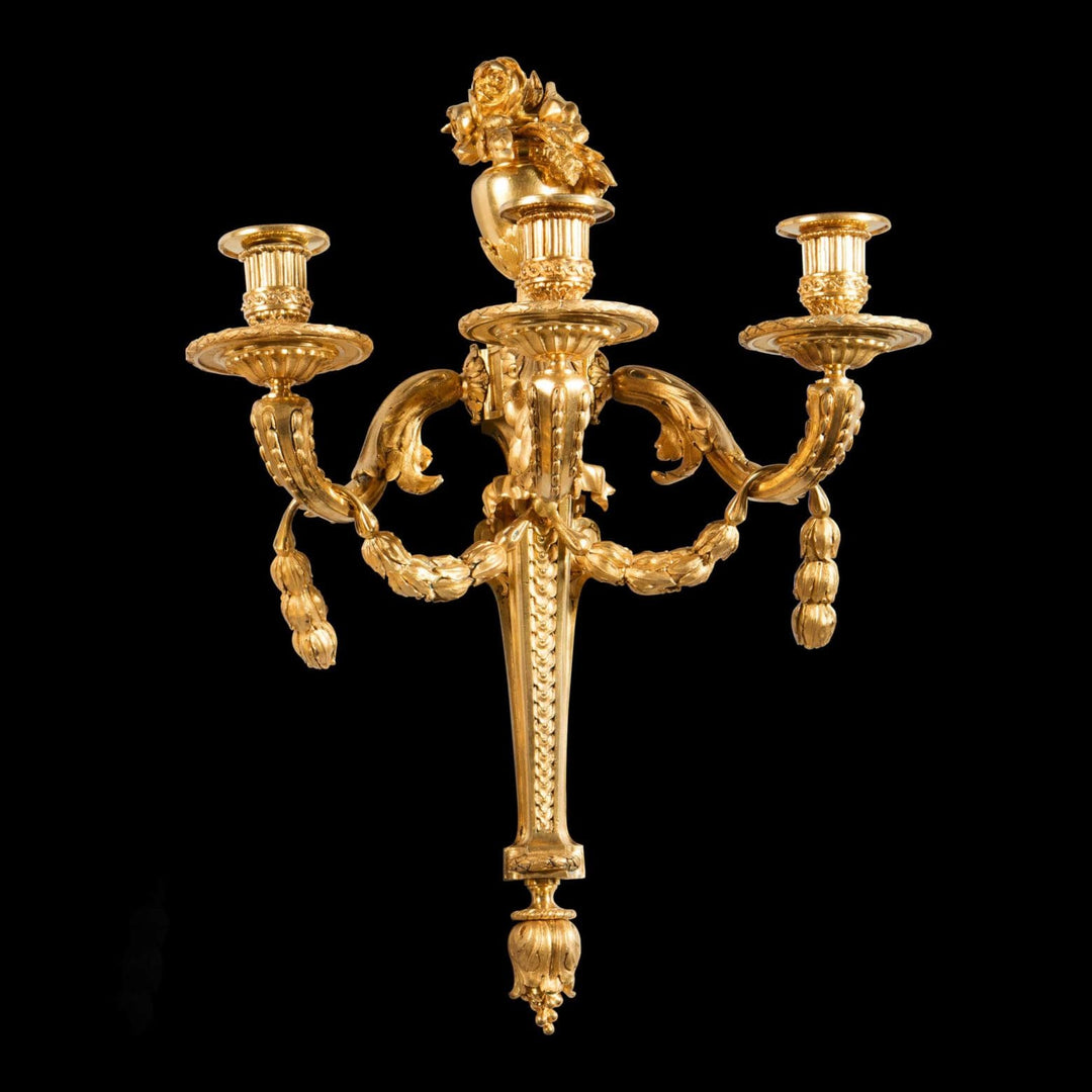 Monumental Pair Of Louis XVI Gilt Bronze Wall Appliques
