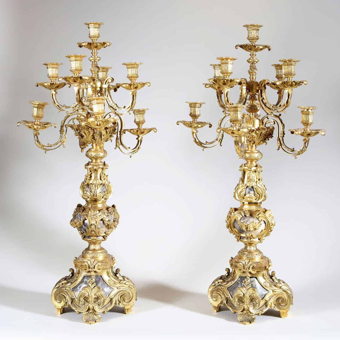 Pair of Grand Antique Candelabra / Napoleon III / Nine-Light Ormolu and Marble