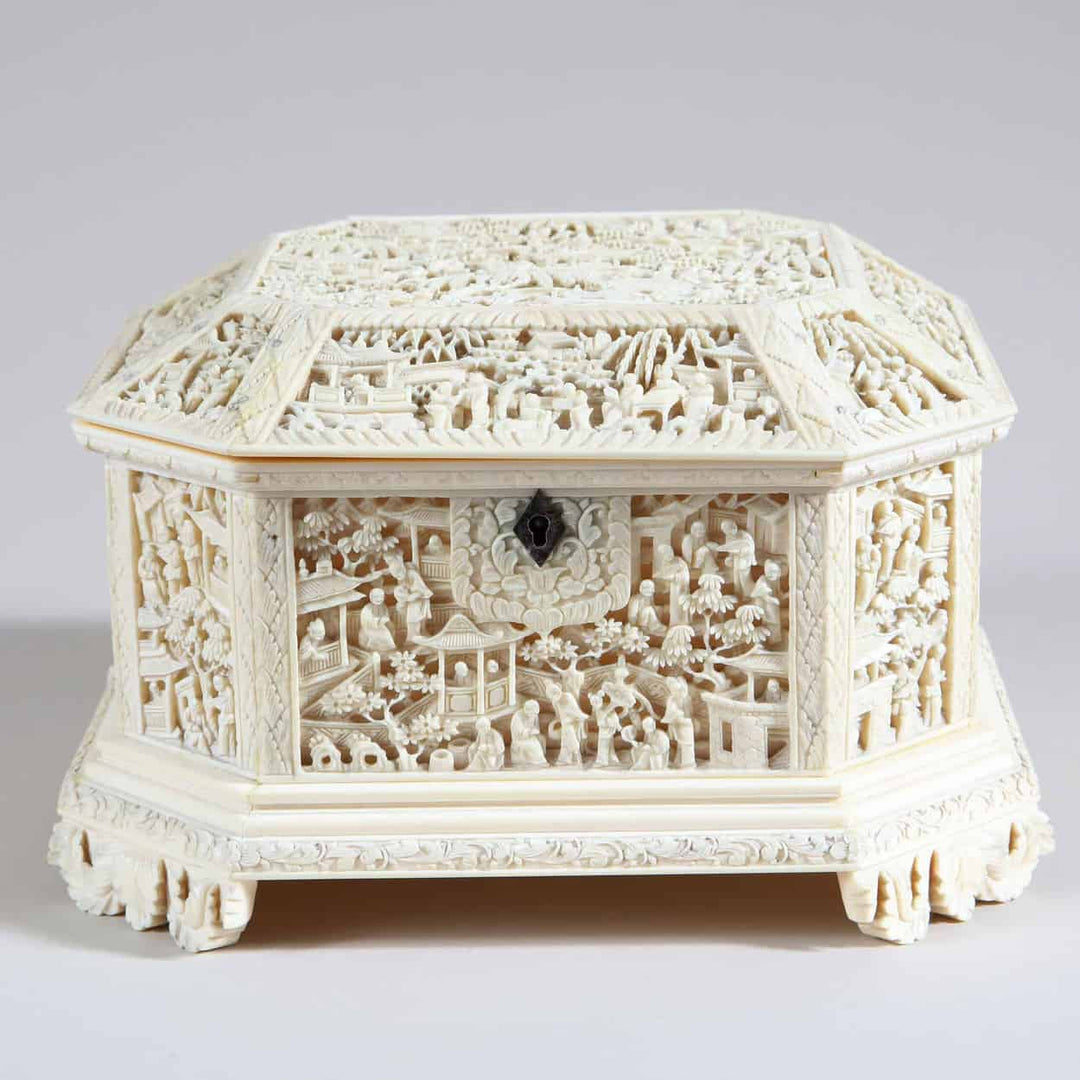 Chinese Export Carved Ivory Casket with Silver Hinges