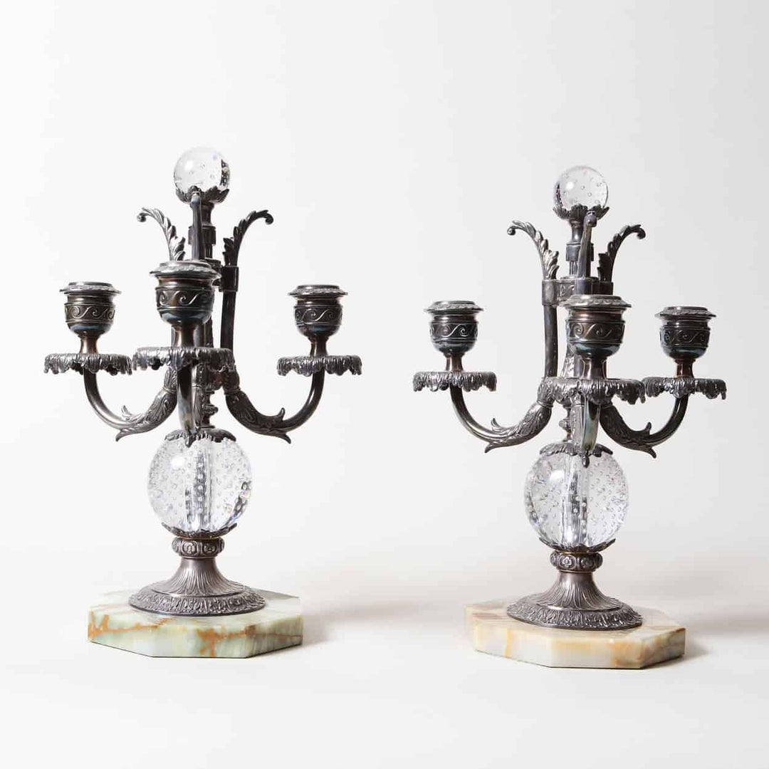 Three-Light Silver Plate & Bubble Glass Candelabra