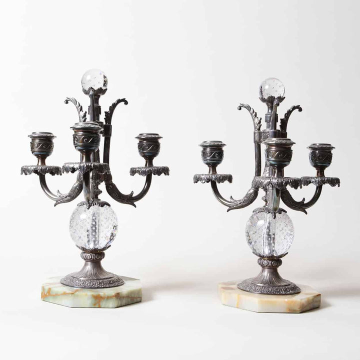 Three-Light Silver Plate & Bubble Glass Candelabra
