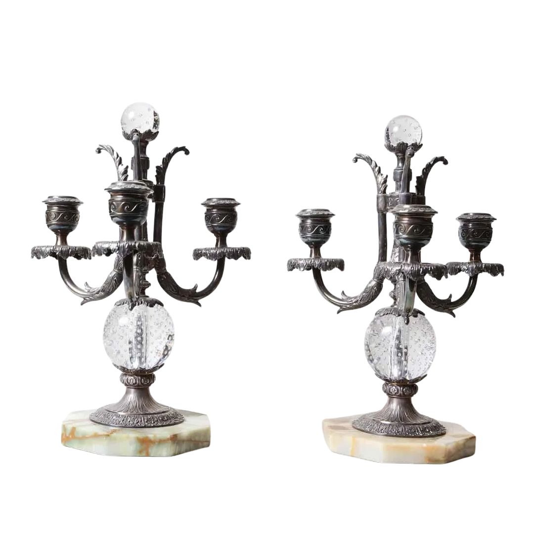 Three-Light Silver Plate & Bubble Glass Candelabra