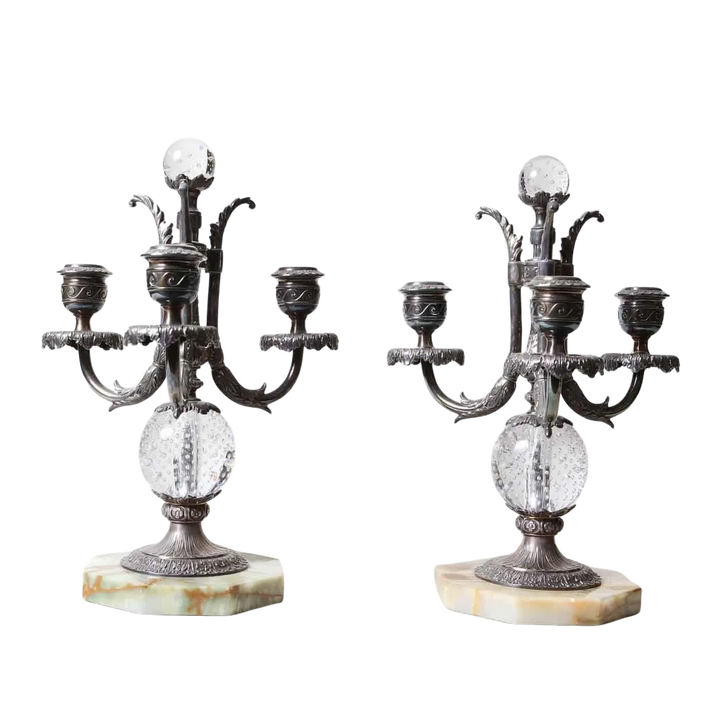 Three-Light Silver Plate & Bubble Glass Candelabra