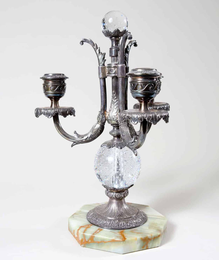 Three-Light Silver Plate & Bubble Glass Candelabra