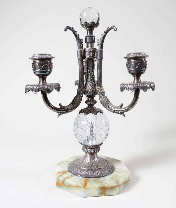 Three-Light Silver Plate & Bubble Glass Candelabra