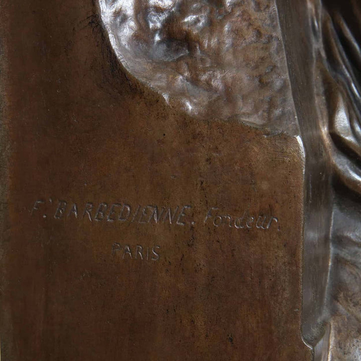 Henri Michel Chapu bronze sculpture La Jeunesse showing F. Barbedienne foundeur Paris stamp close-up detail.