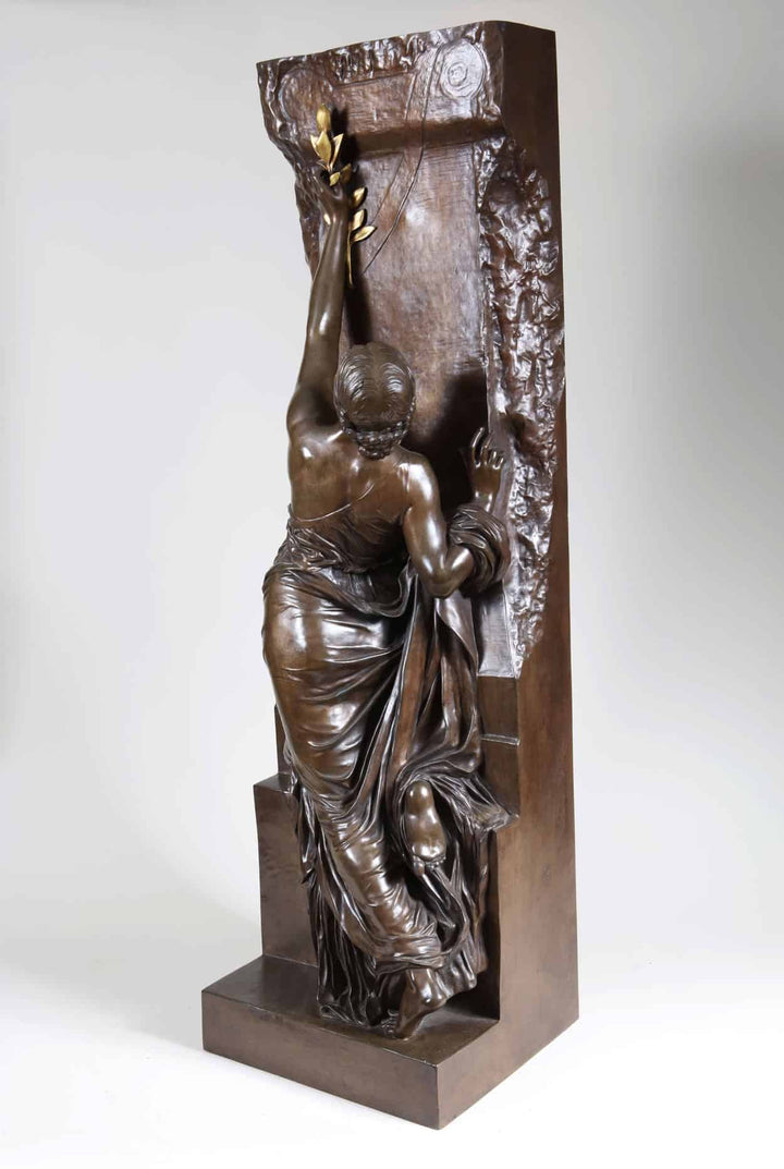 Henri Michel Chapu bronze sculpture La Jeunesse depicting a woman reaching upward with draped clothing.