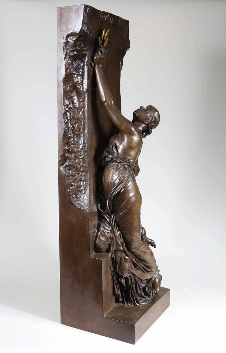 Henri Michel Chapu bronze sculpture "La Jeunesse" depicting a draped woman reaching upward, circa 1875-1890.