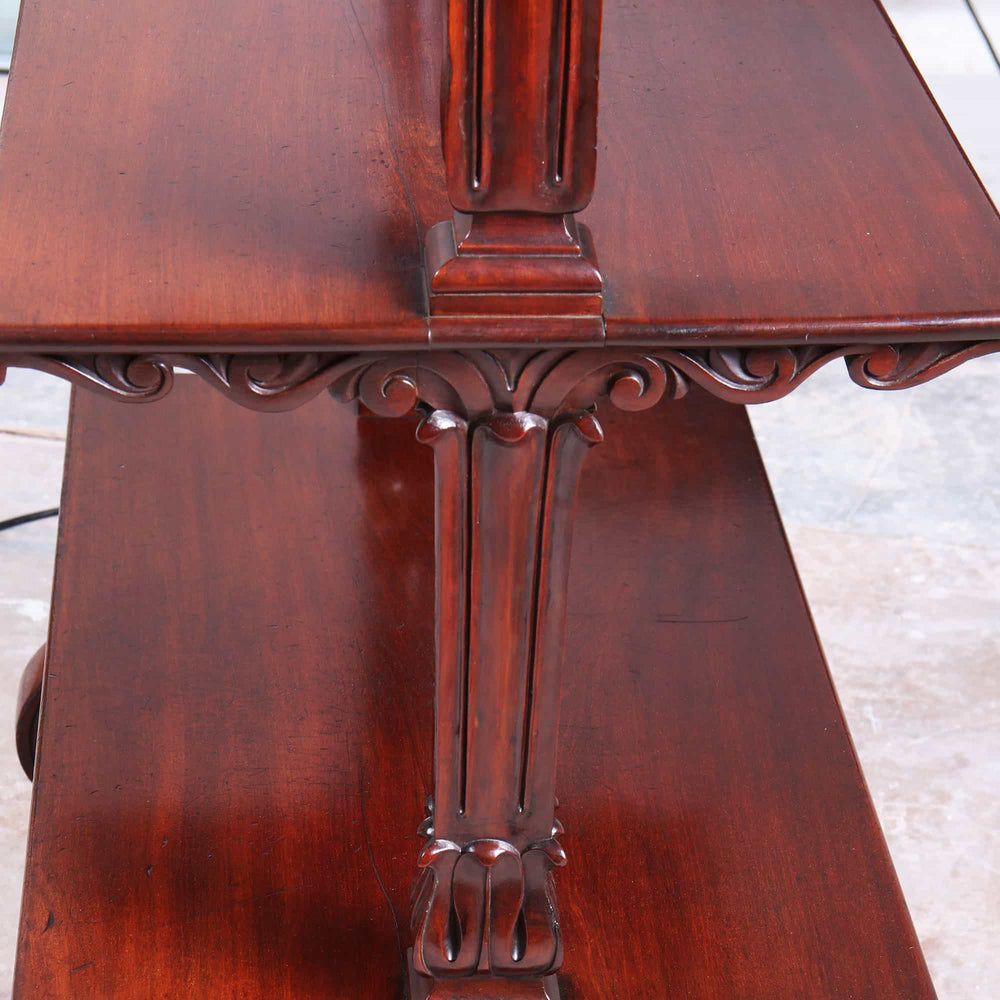William IV Mahogany Etagere close-up showing detailed carved woodwork and polished mahogany finish on three tiers.