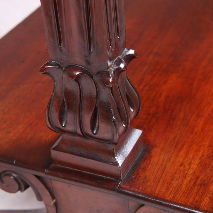 William IV Mahogany Etagere detailed close-up of carved dark mahogany column and polished shelf surface.
