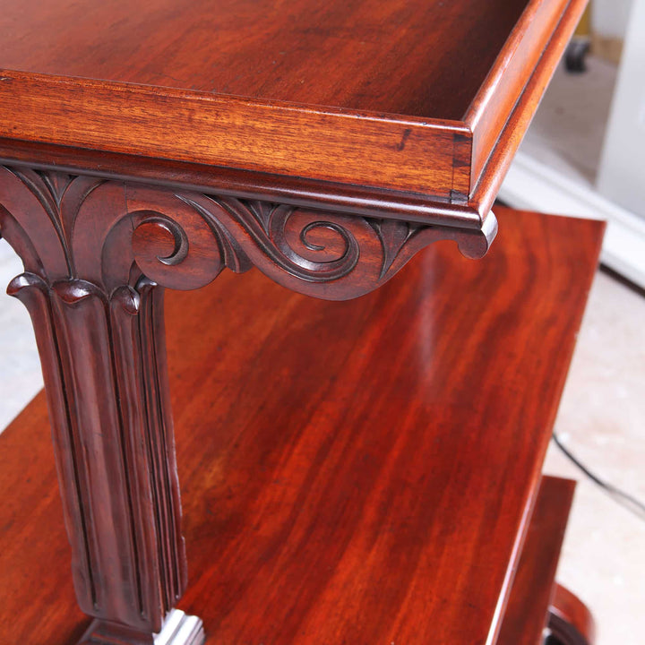 William IV Mahogany Etagere with detailed scrollwork and polished three-tier wooden shelves circa 1840 England.